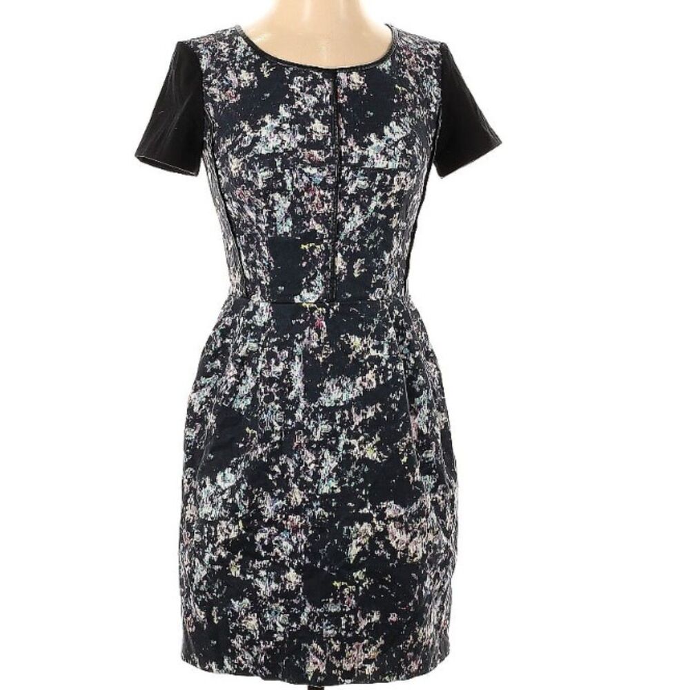 Club Monaco Black Floral Print Paneled Color Block Back Zip Knee Length Dress 0